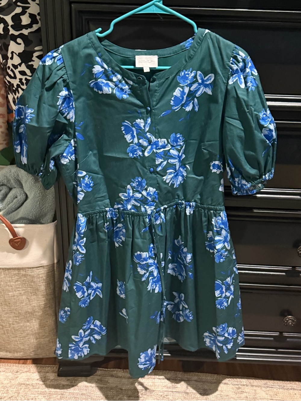 Sugarlips Green Floral Short Puff-Sleeve Dress with Blue Print